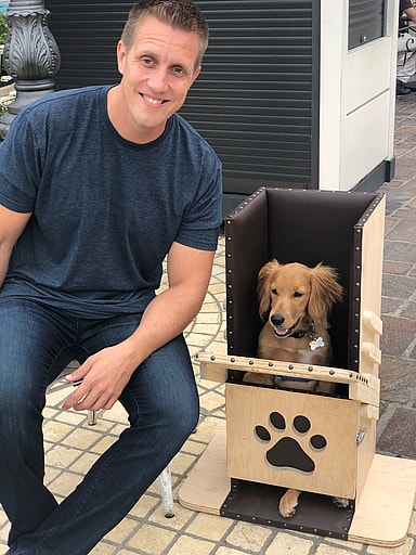 This is a special chair called a Bailey Chair. It keeps the dog sitting up while they eat, so they don't regurgitate their food.