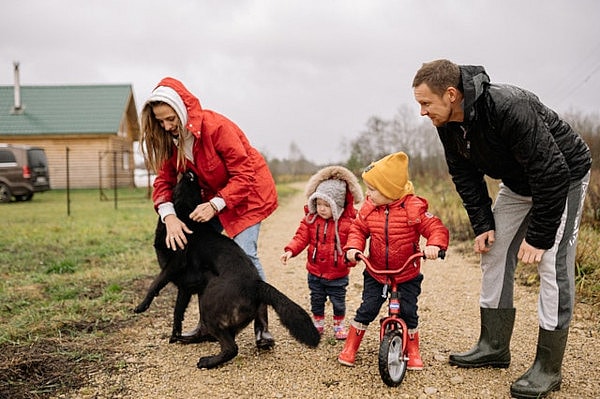 family having quality time with their Labrador