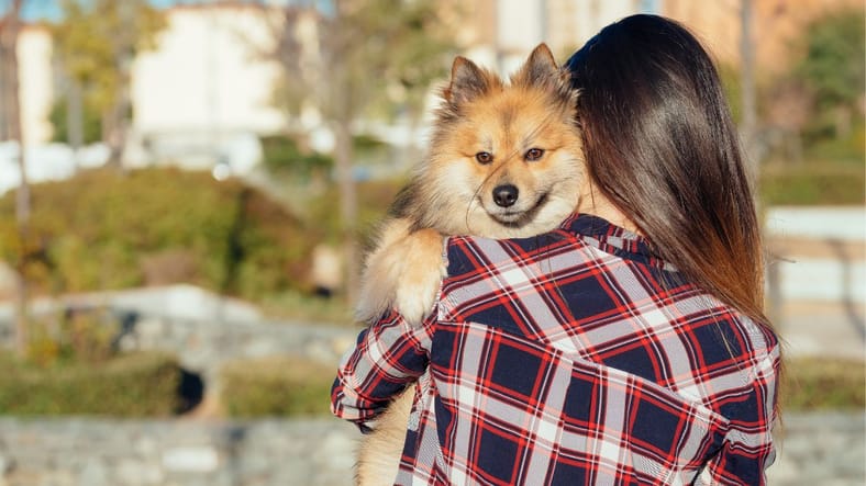 a girl holding her dog
