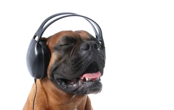a dog with headphones listening to music