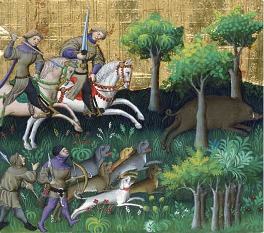 Ancient painting of Great Danes helpdefending against wild boars