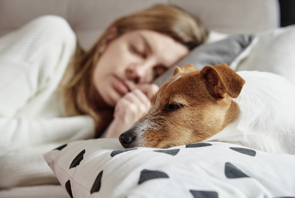 woman sleeping with her dog