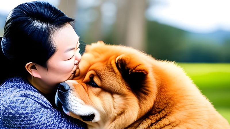 woman kissing her chow chow dog