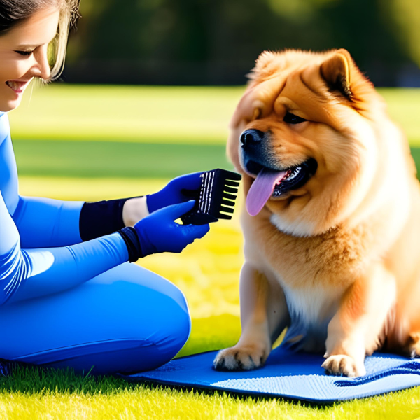 groomer grooming chow chow outside with gloves