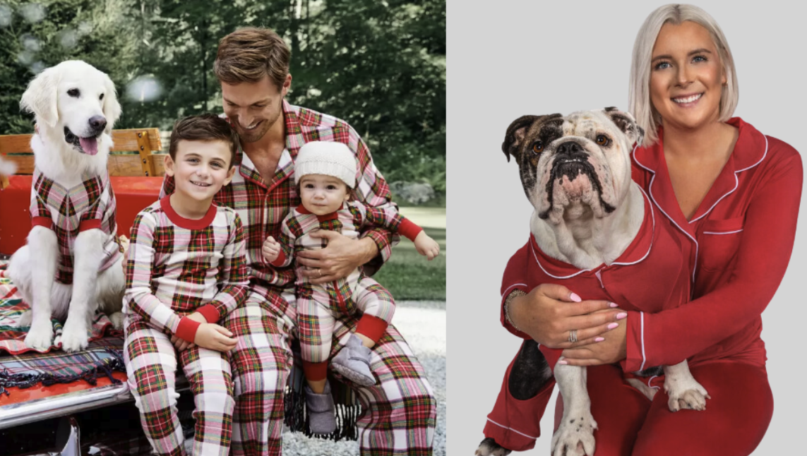 family wearing matching outfit with hteir dog