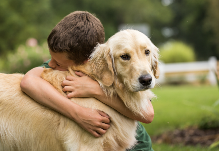 A golden retriever being hugged by a small kid